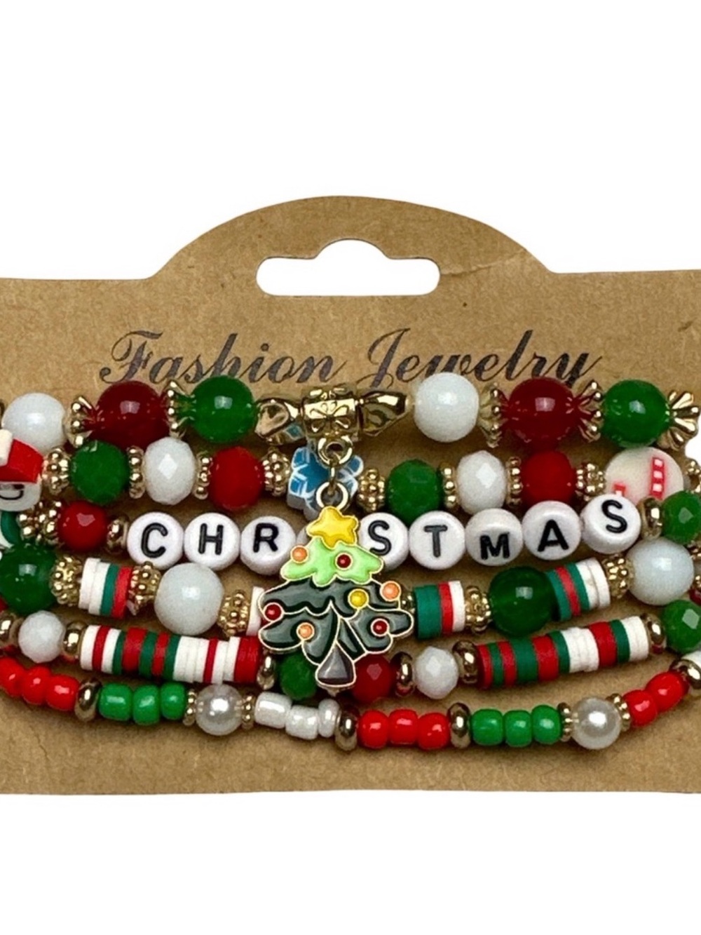 Christmas Holiday Beaded Bracelet Stack Set Red Green Gold